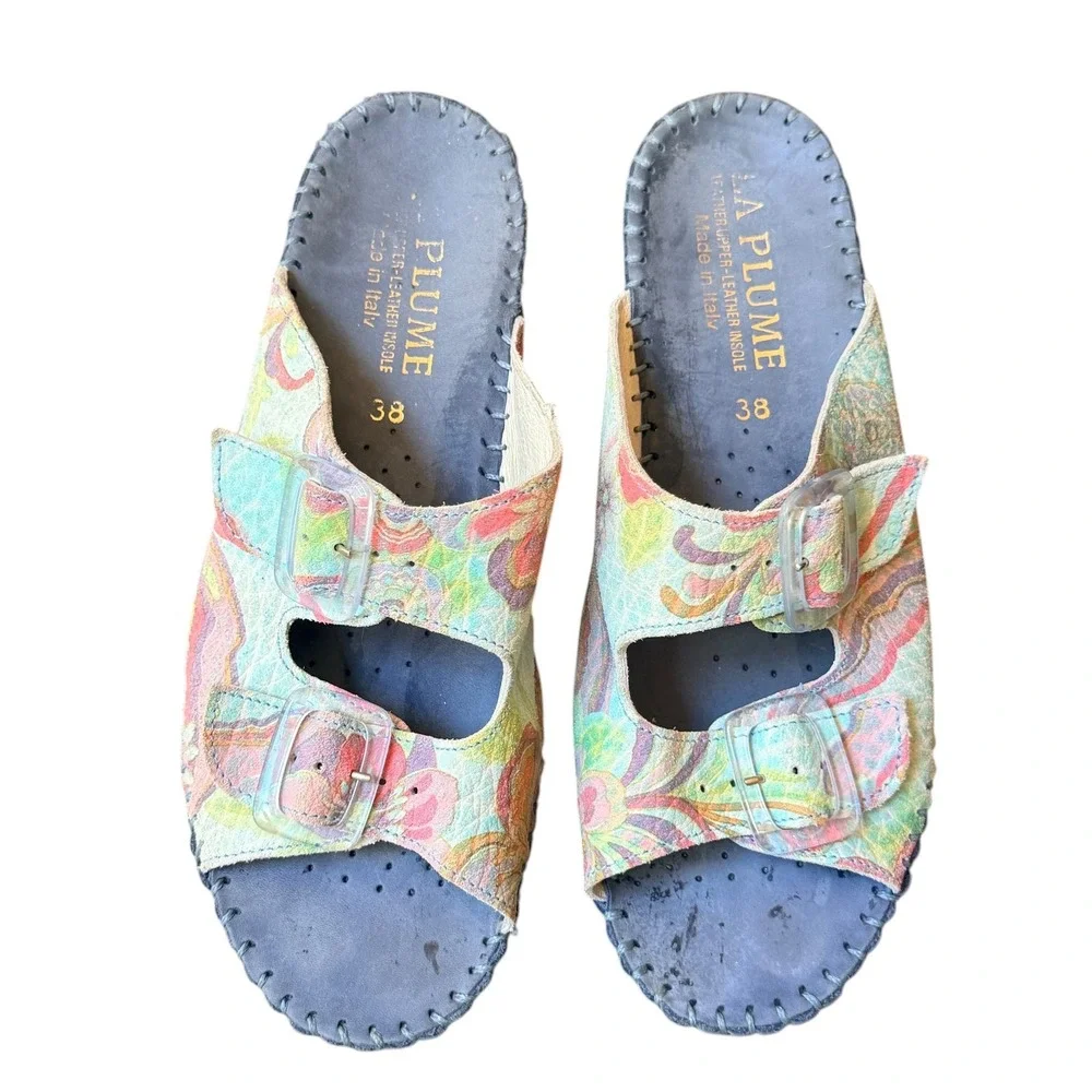 La Plume Sandals Women‎ US 7.5 Pastel Leather Floral Double Buckle Slides Italy